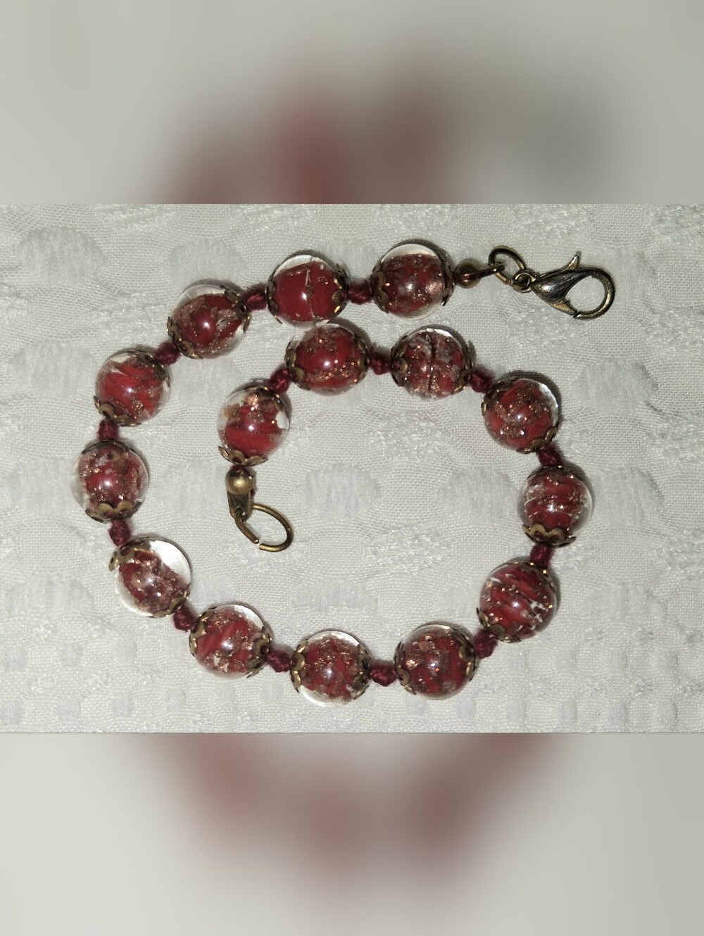 Vtg Handcrafted Red Foil Glass Bead Bracelet